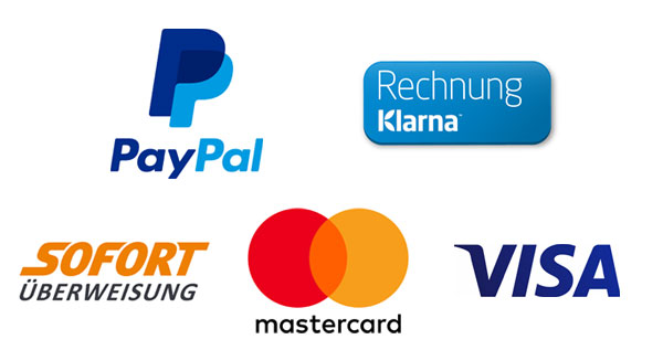 Zahlungsanbieter - PayPal, MasterCard, VISA, Klarna Rechnung, SOFORTüberweisung